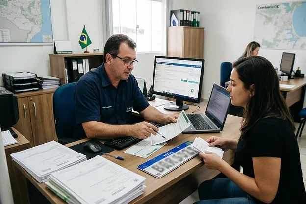 Despachante em Camboriú explicando o processo de emplacamento para um cliente.